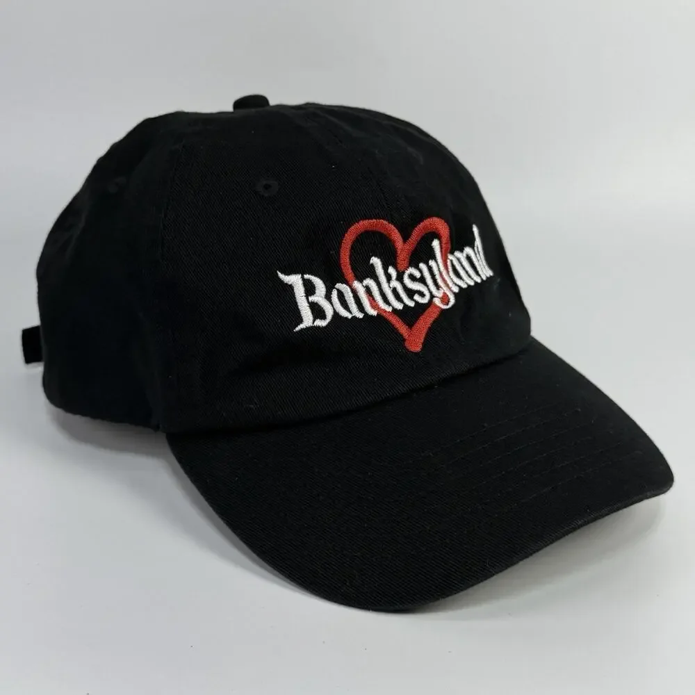 Black Banksyland Adjustable Hat Cap Embroidered Cotton Red Heart Banksy